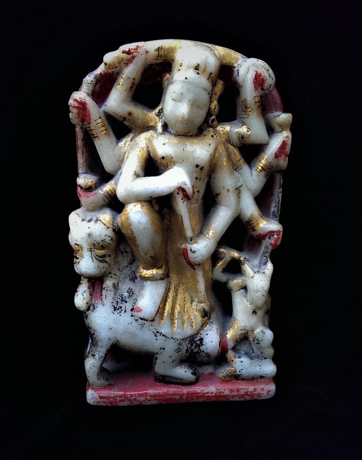 Indian Statuette of Goddess Durga Slaying Mahishasura (Buffalo Demon)