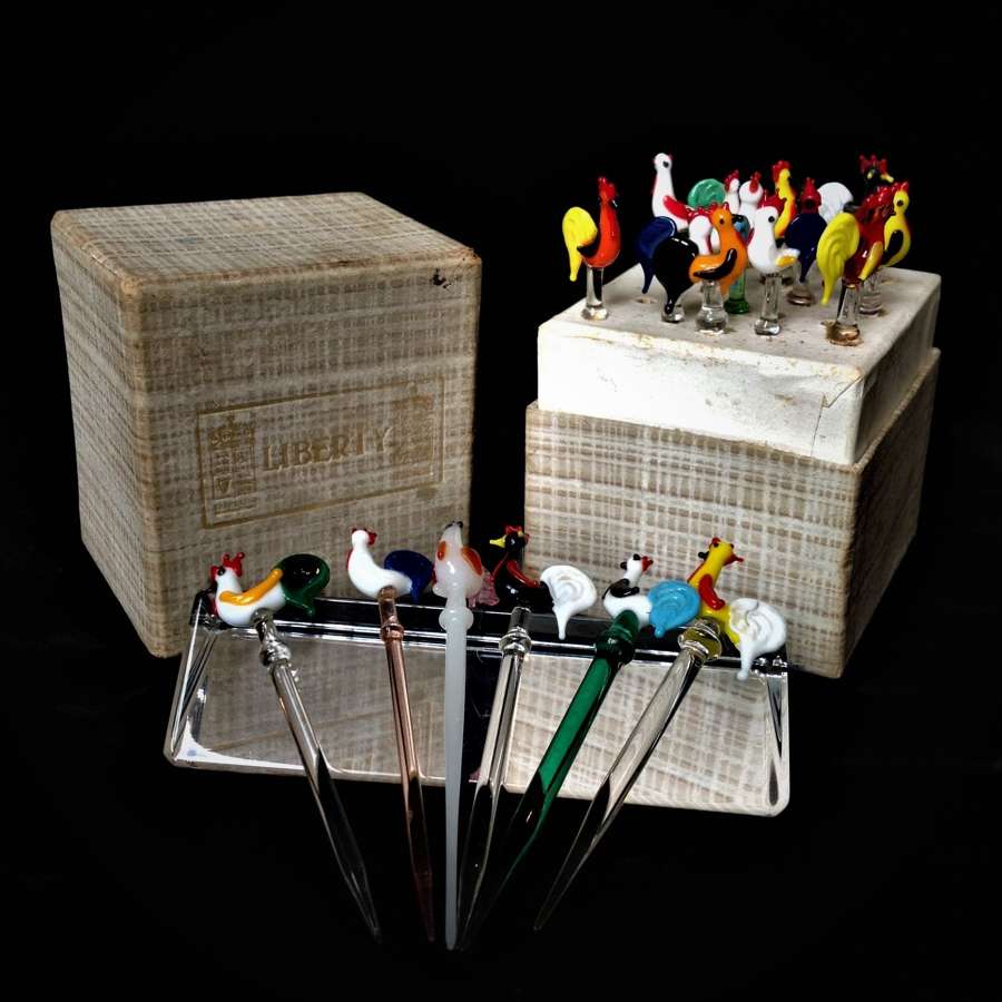 A Boxed Set of 18 Art Deco Cocktail Sticks Retailed by Liberty & Co