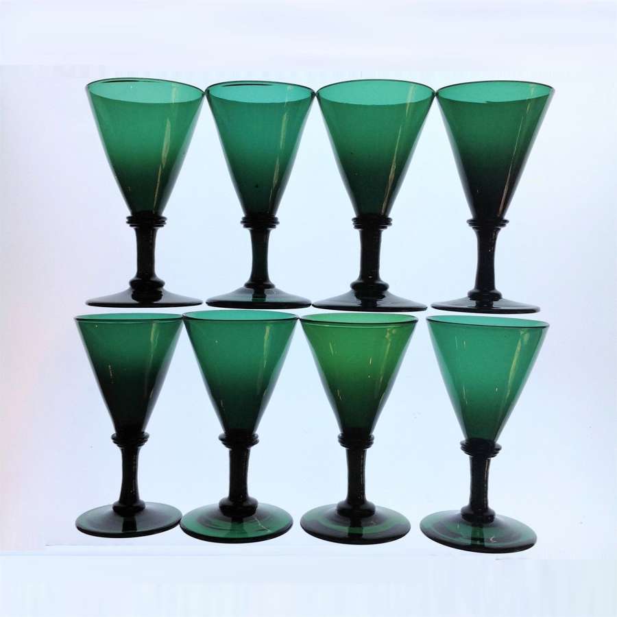 Set of Eight (8) Trumpet Shape Bristol Green Glass Wine Goblets
