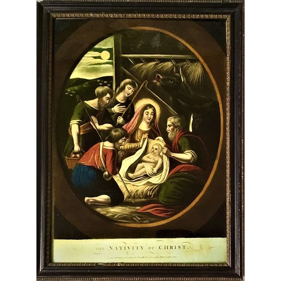 "The Nativity of Christ", A George III reverse mezzotint on glass