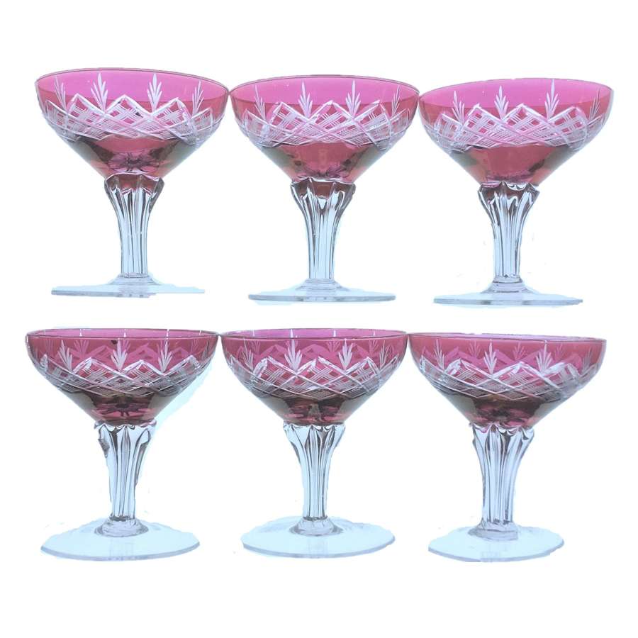 Set of six (6) Cranberry Glass Cut to Clear Crystal Champagne Coupes