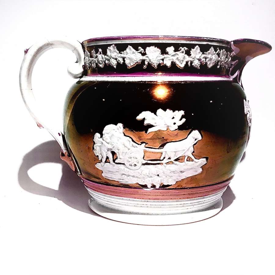 Regency era, pink copper lustre ware jug with neoclassical motifs