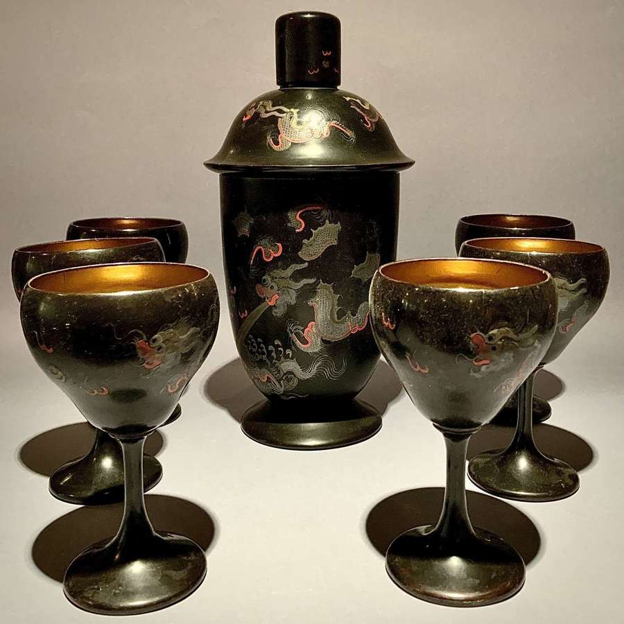 Chinese Lacquer Cocktail Shaker & Six (6) Goblets, Dragon Decoration