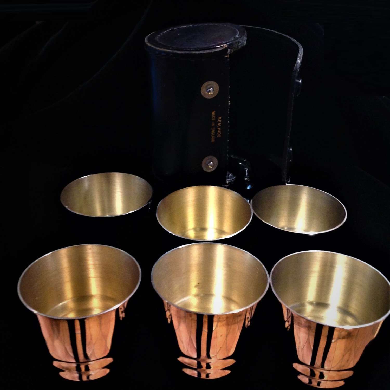 Set of six (6) silver plated stirrup cups in leather case