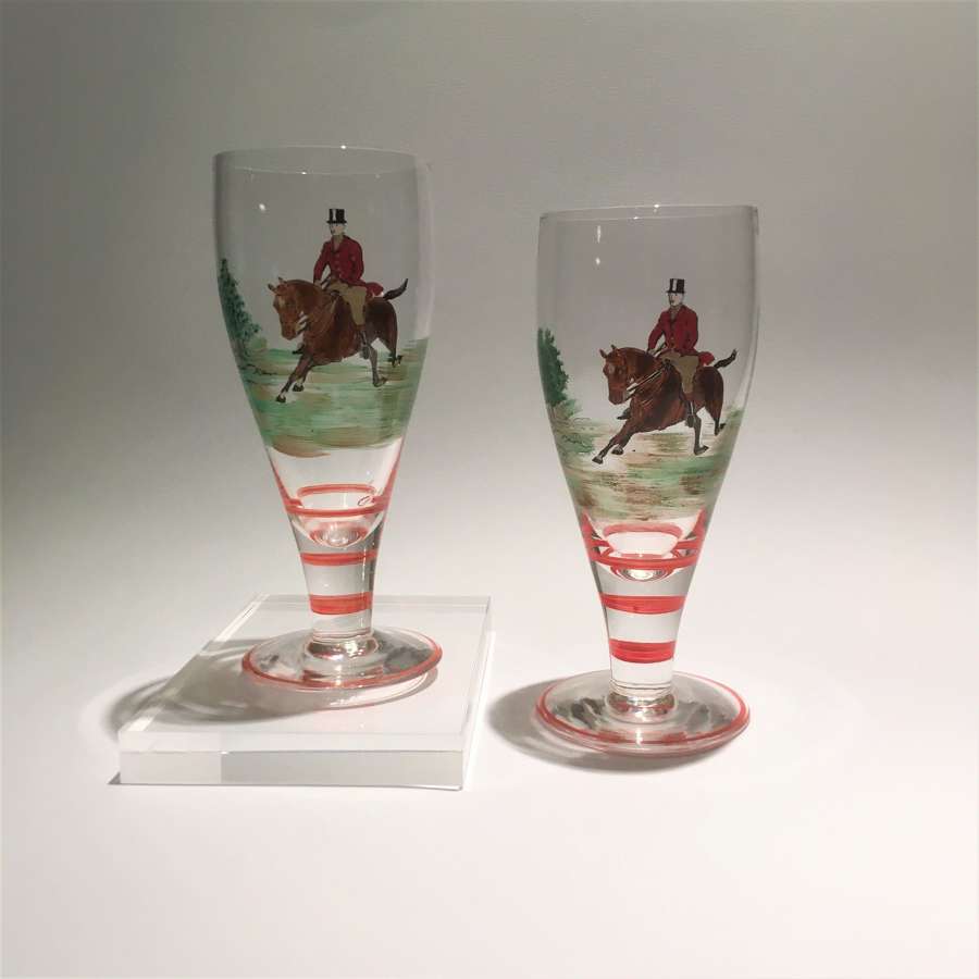 A pair of Art Deco hand enamelled "sling" shape cocktail glasses