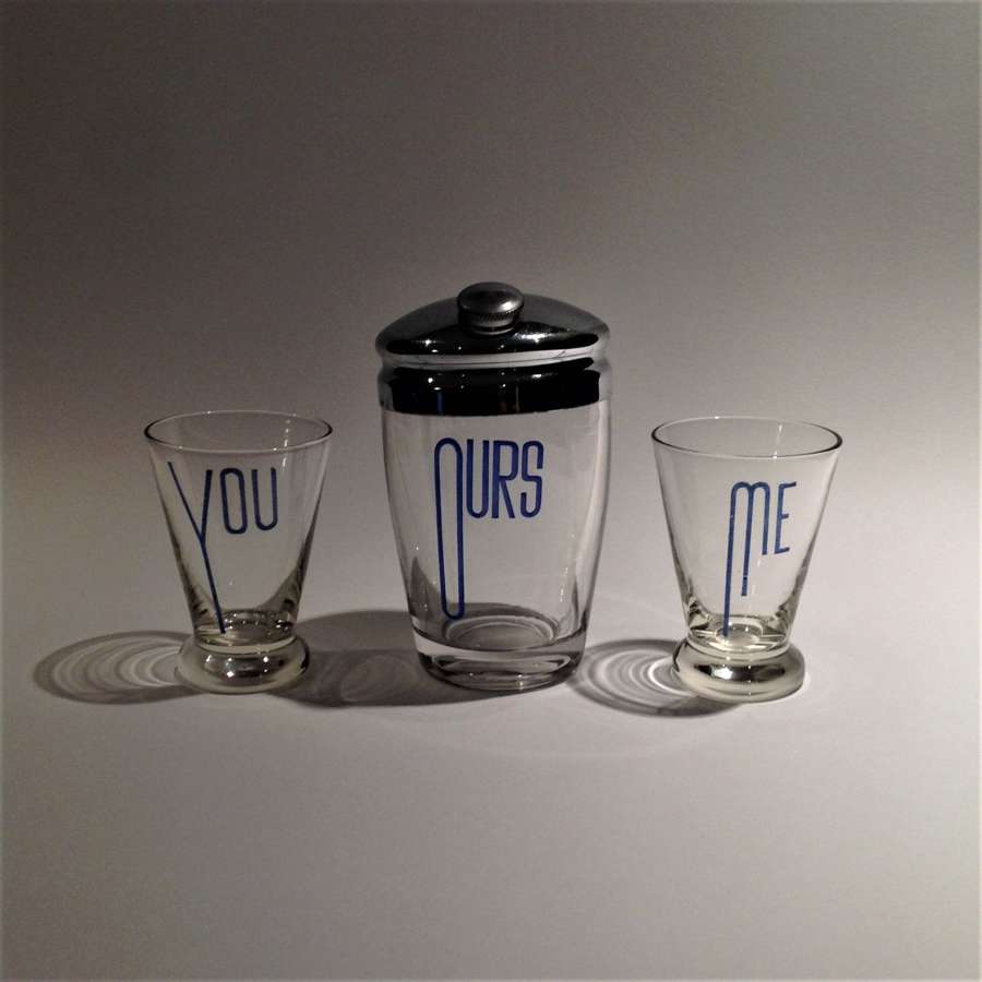Art Deco Cocktail Shaker & Glasses, enamelled "You", "Me" & "Ours"