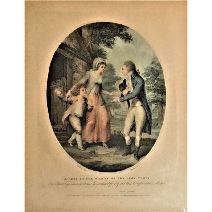 "A visit to the woman of the lime trees" Stipple Engraving, 1786