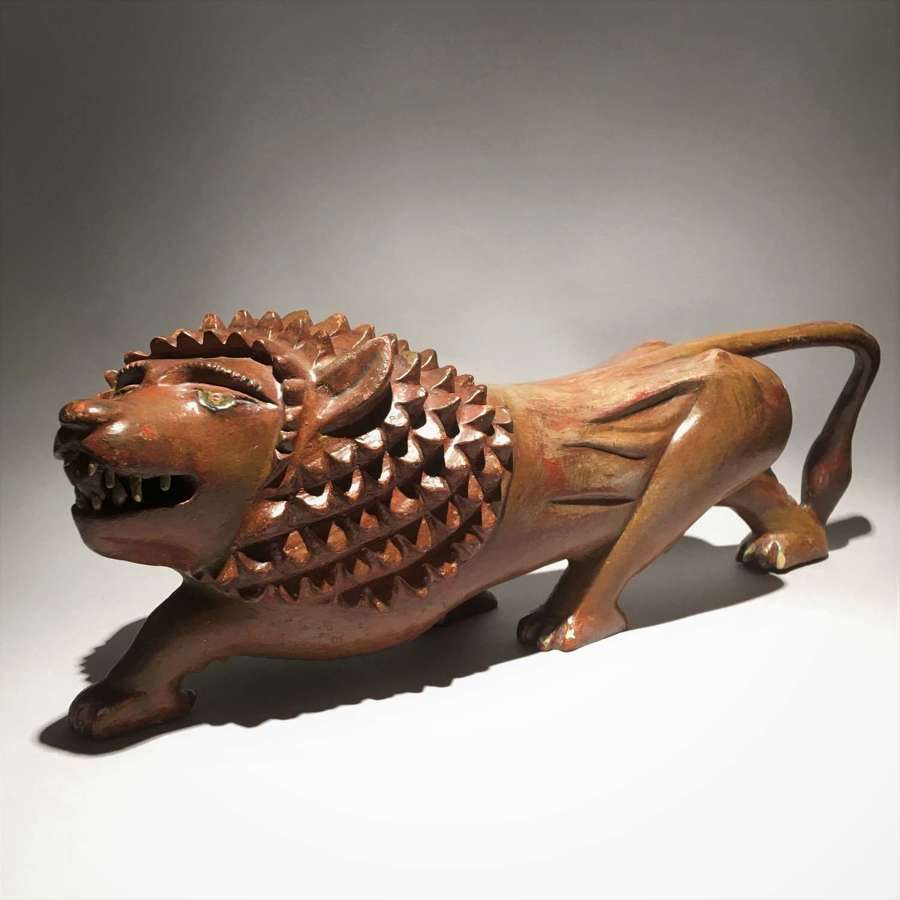 Folk Art Sculpture of a Prowling Lion