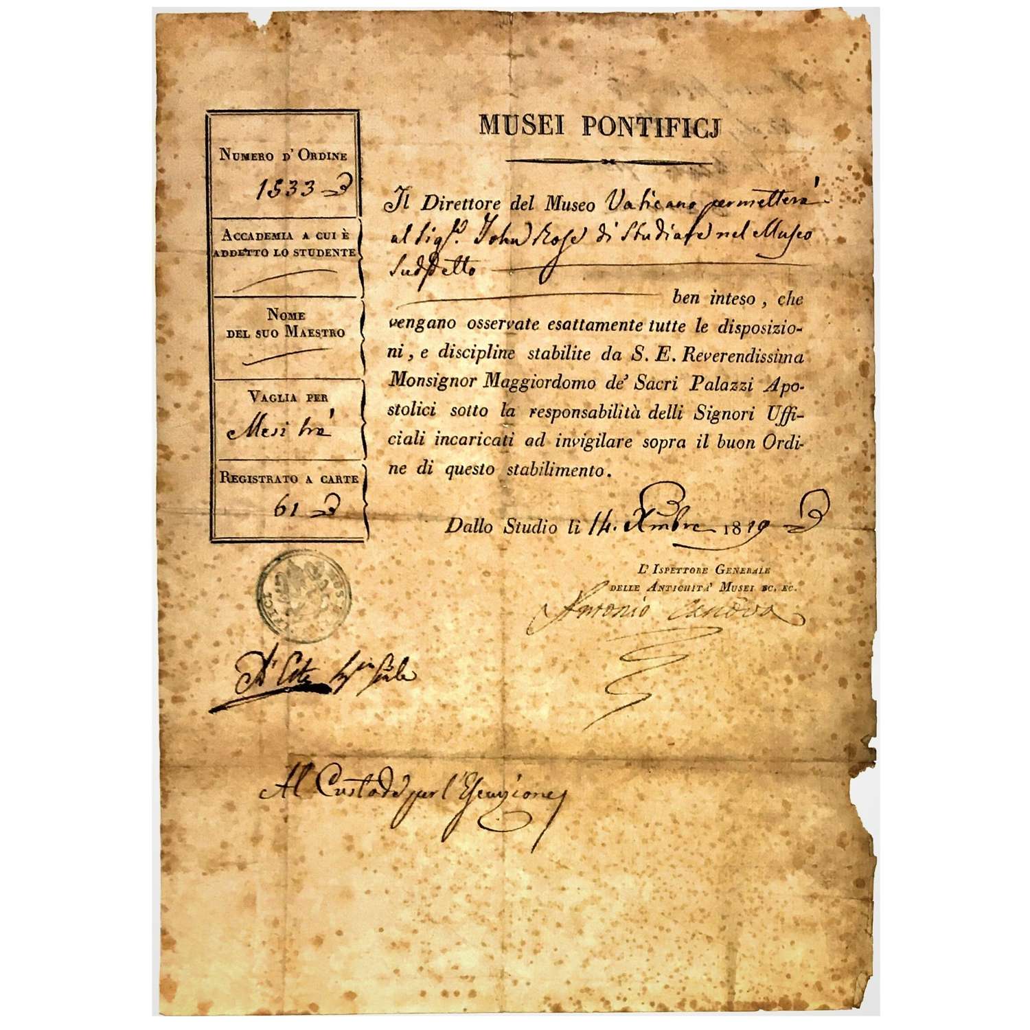 Document signed by the sculptor Antonio Canova (1757–1822) dated 1819