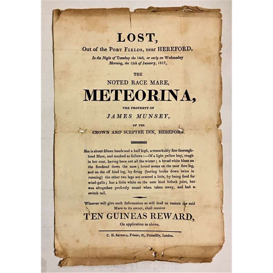 19th Century letterpress handbill or small poster for a missing horse