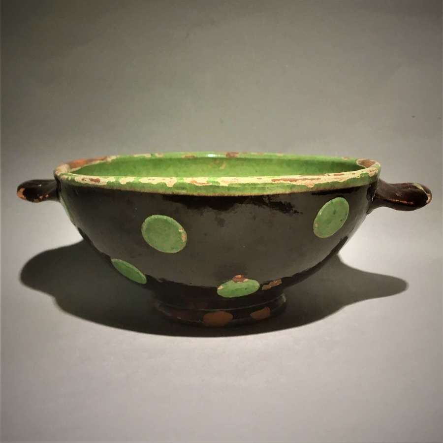 Small Provincial French Polka Dot Glazed Terracotta Earthenware Bowl
