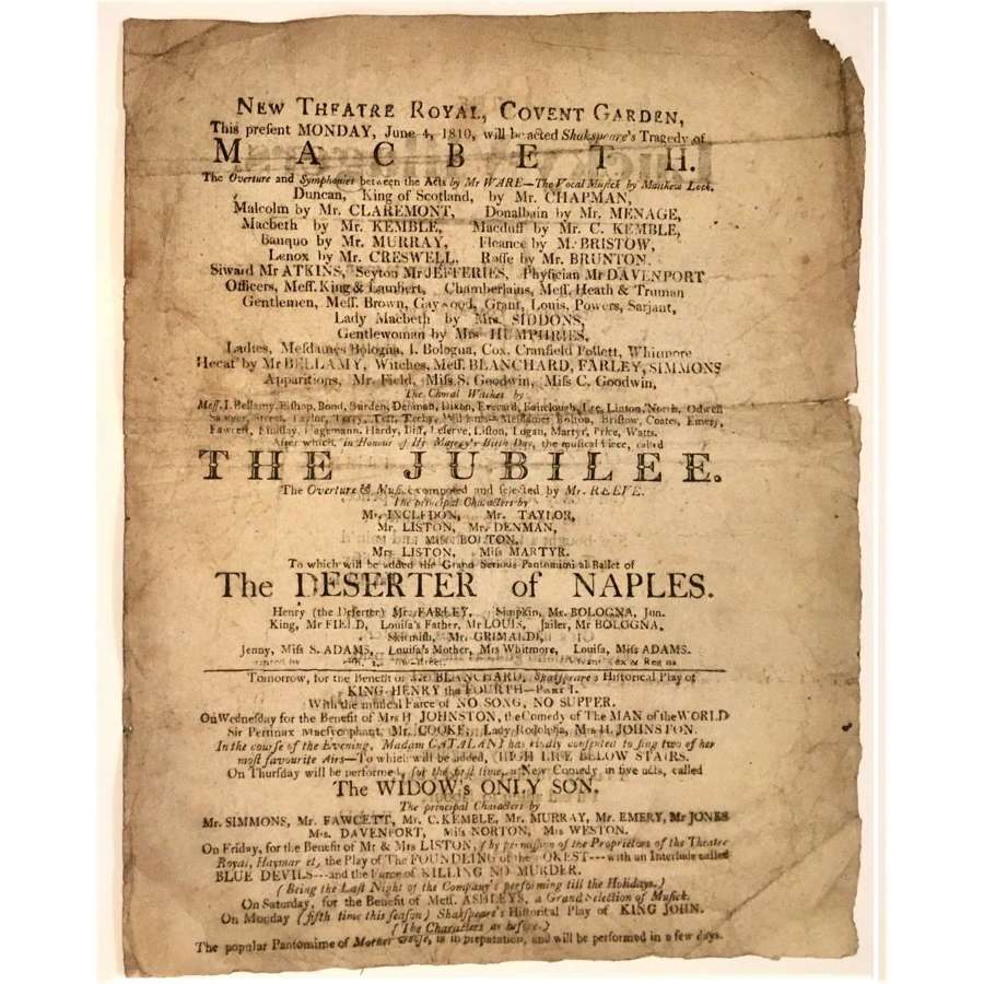 Playbill for Sarah Siddons in Macbeth, New Theatre Royal Covent Garden