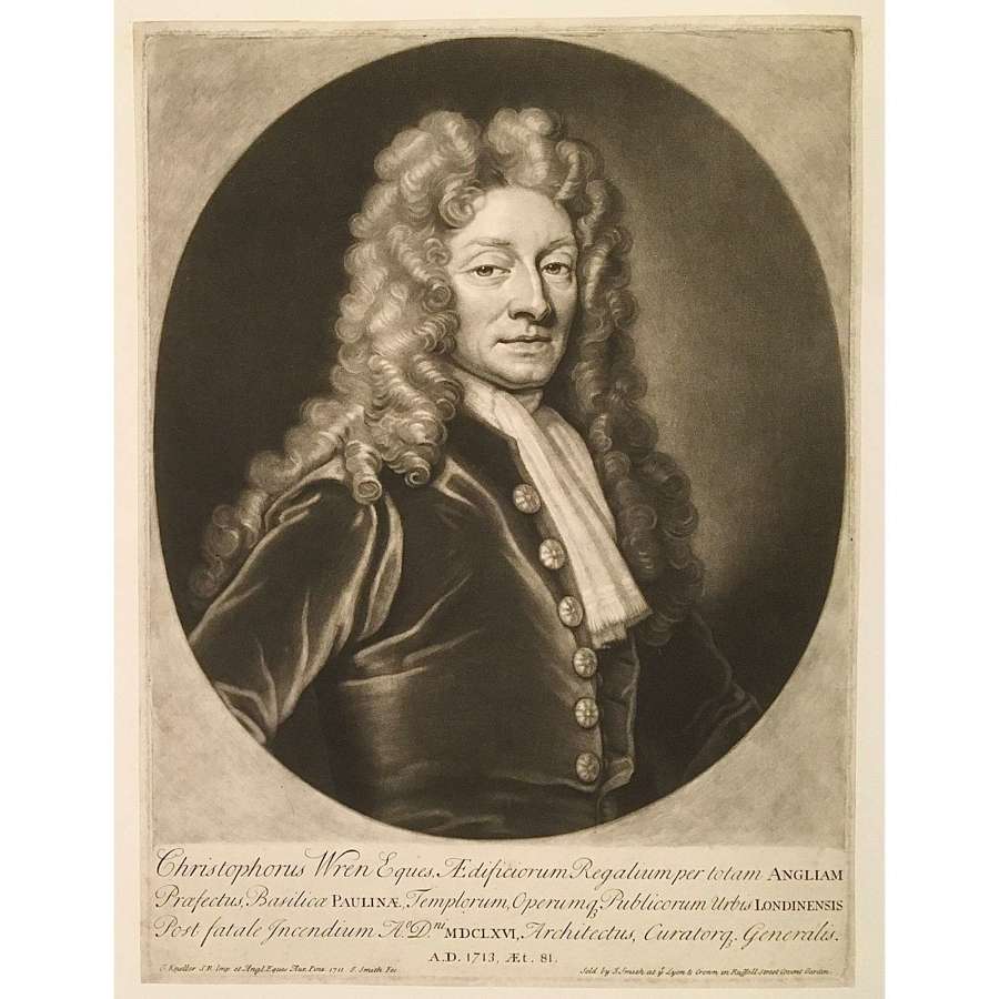 Sir Christopher Wren (1632-1723), 1713 Mezzotint Portrait
