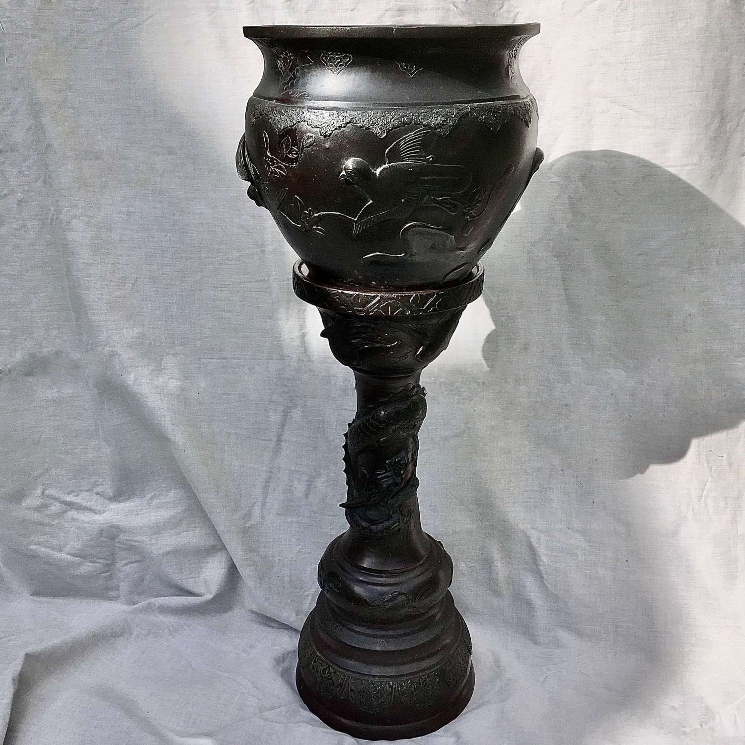 A Japanese Bronze Jardinière Vase and Stand