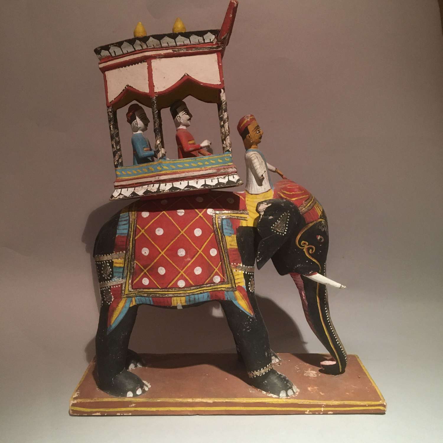 Carved Wood Model Elephant with Mahout, Howdah and Two Passengers