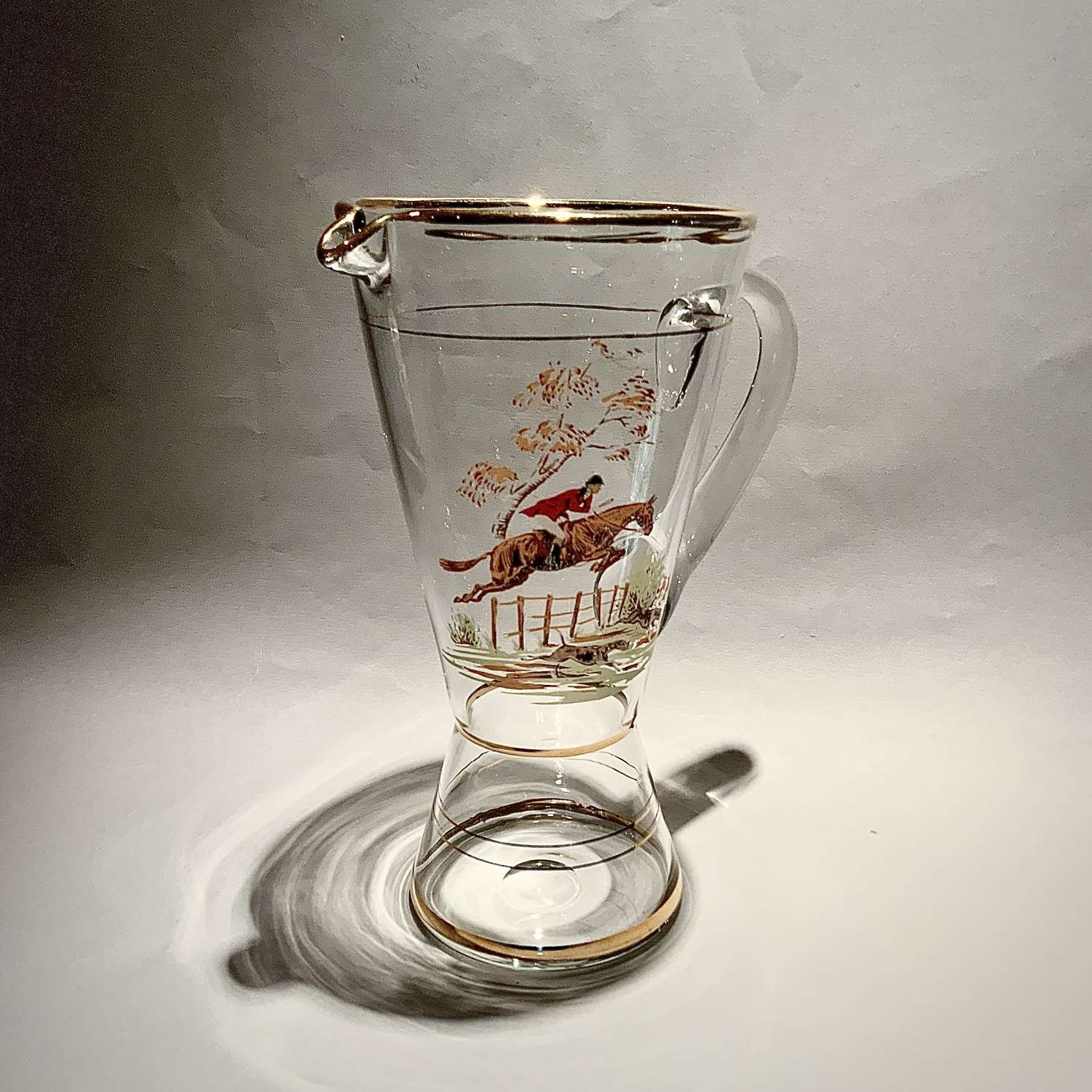 Attractive Glass Jug With Printed Enamel Fox Hunting Scene