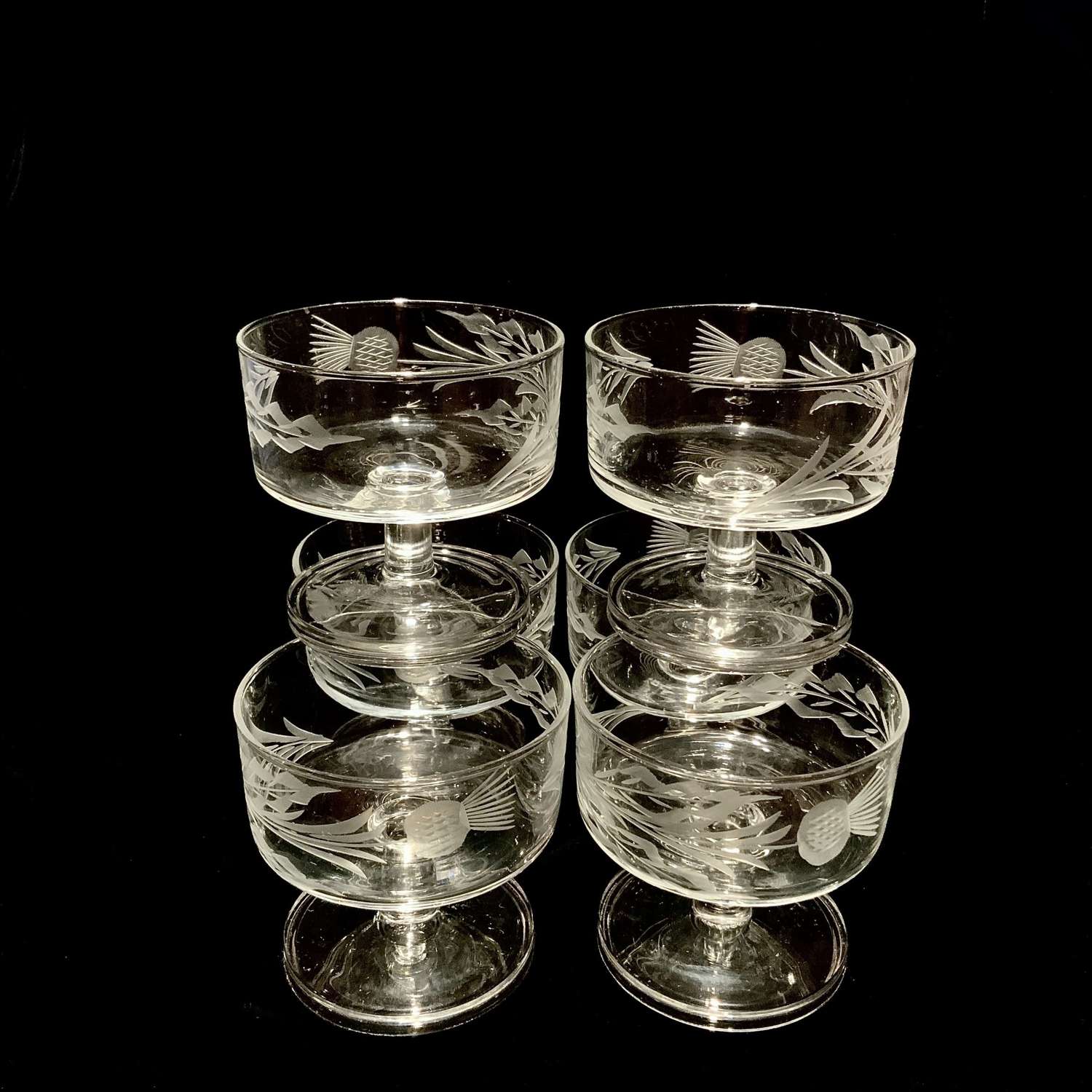 Six (6) Matching “Scottish Thistle” Champagne Glasses, Coupes or Boats