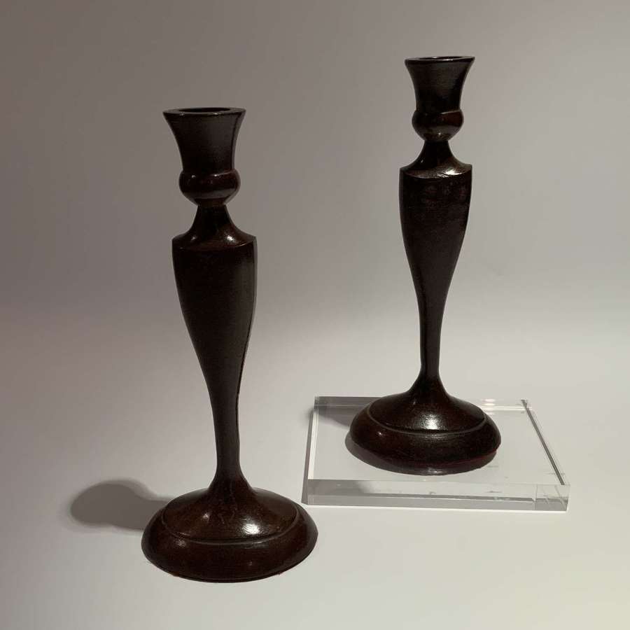 Patinated Cast Bronze Candlesticks Manner of Robert Jarvie (1865-1941)