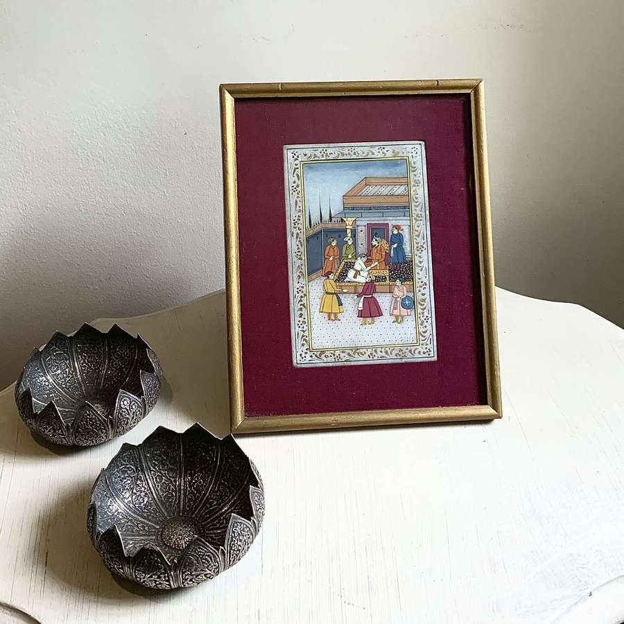 Indian Mughal Emperor Scene, Miniature Painting on Marble
