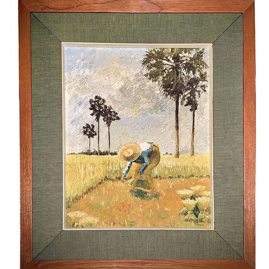 “Transplanting Jasmine Rice, Thailand”, Oil on Panel, Circa 1970