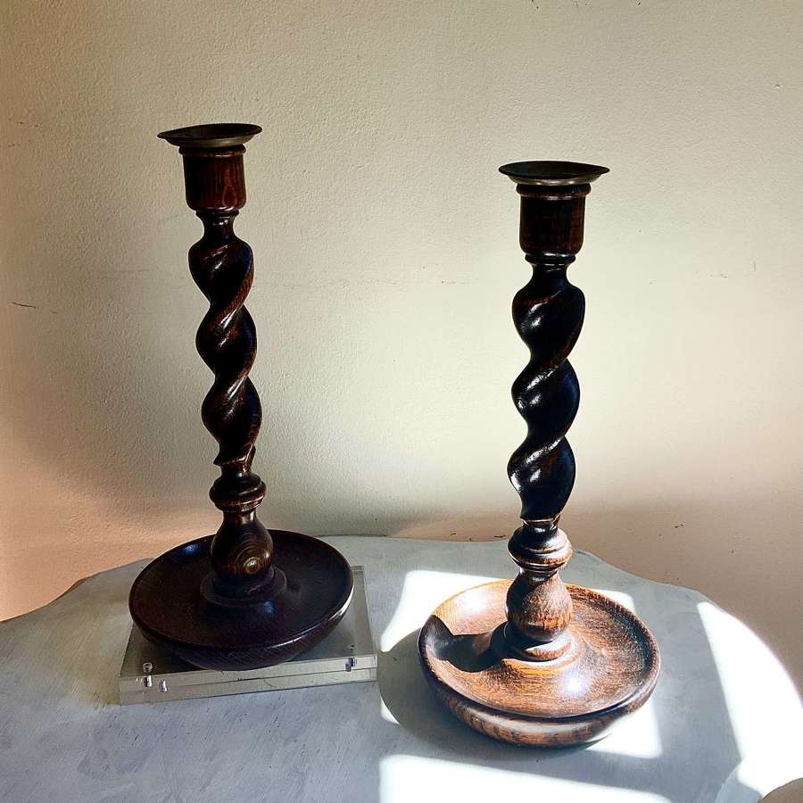A Good Tall Pair of Turned Oak Wood ‘Barley Twist’ Candlesticks