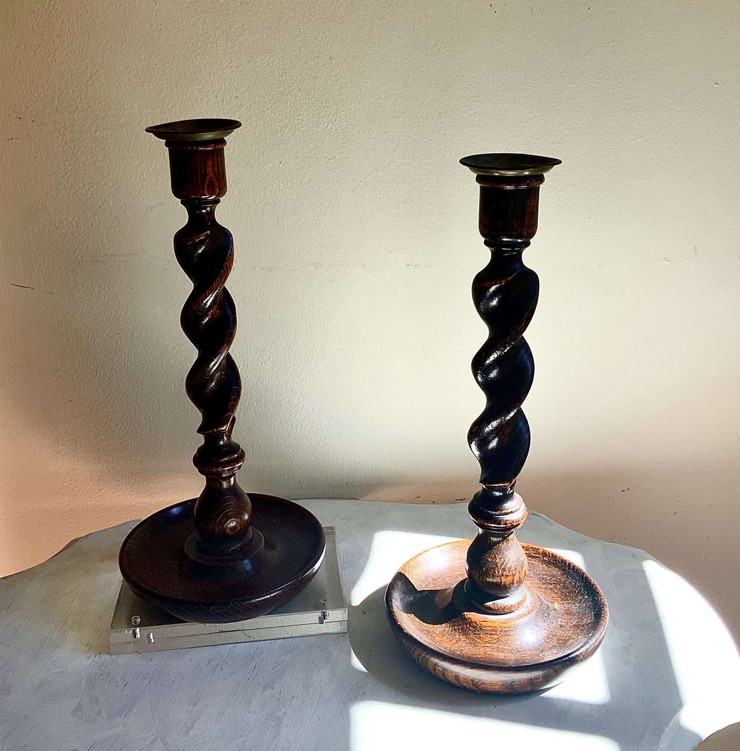 A Good Tall Pair of Turned Oak Wood ‘Barley Twist’ Candlesticks