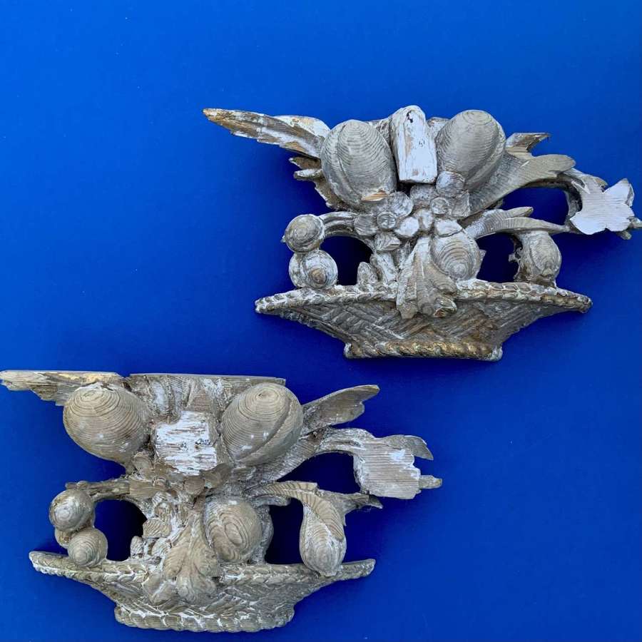 A Pair of Carved Wood Fruit Basket Shape Architectural Elements