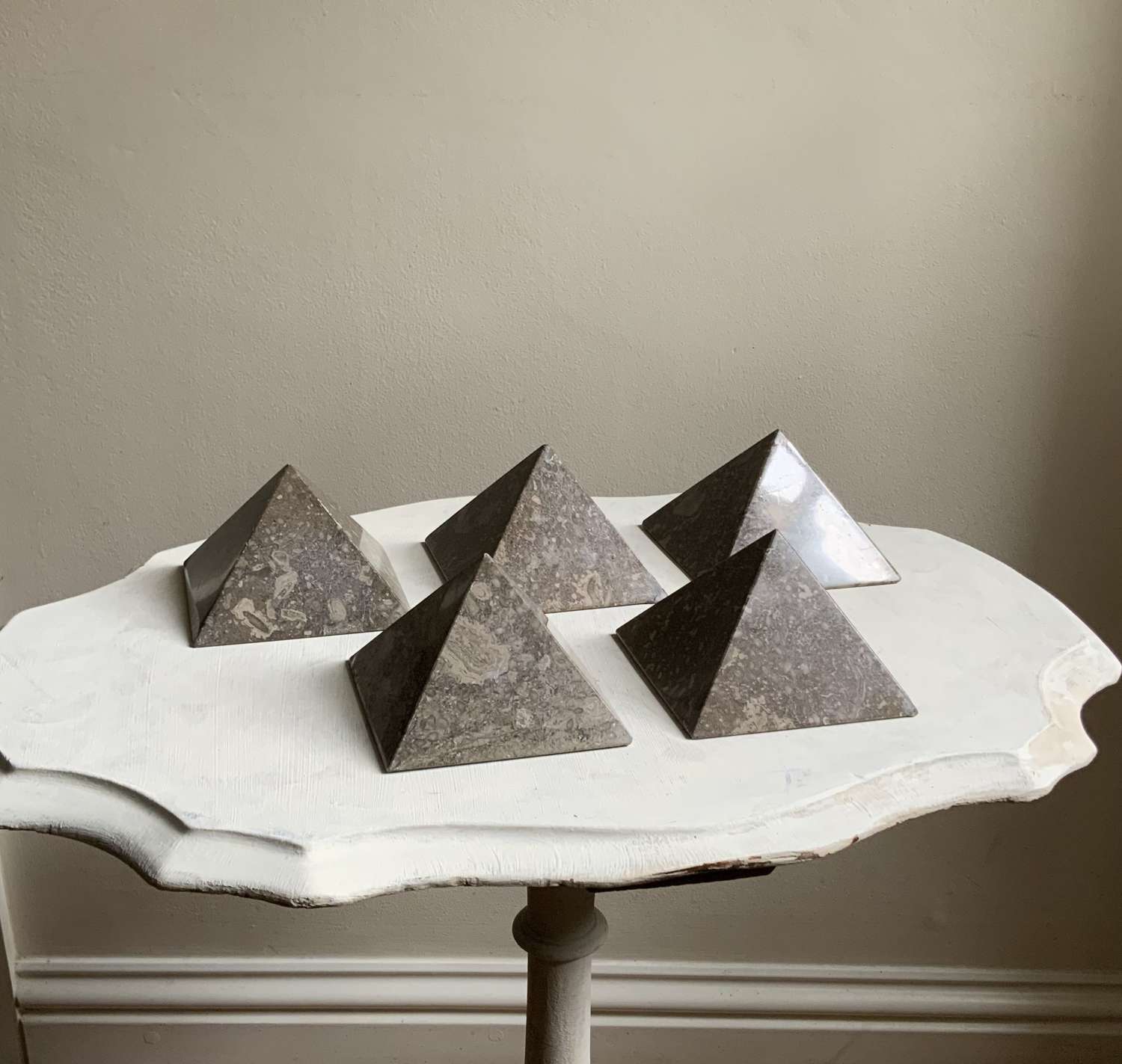 A Good Collection of Five Polished Fossil Marble Pyramids