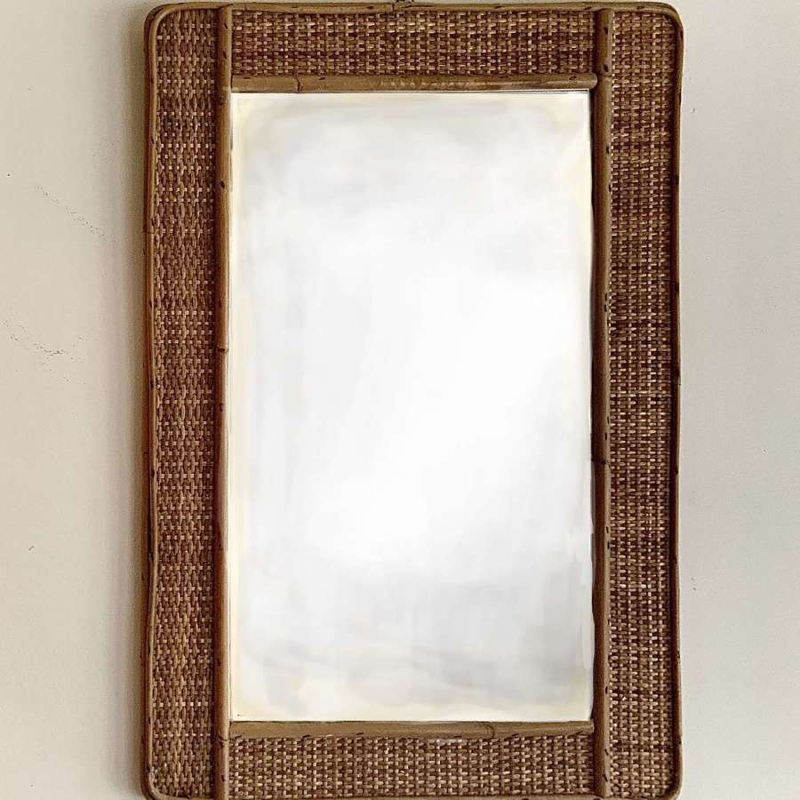 Vintage Mid-Century Modern Bamboo & Woven Rattan Rectangular Mirror