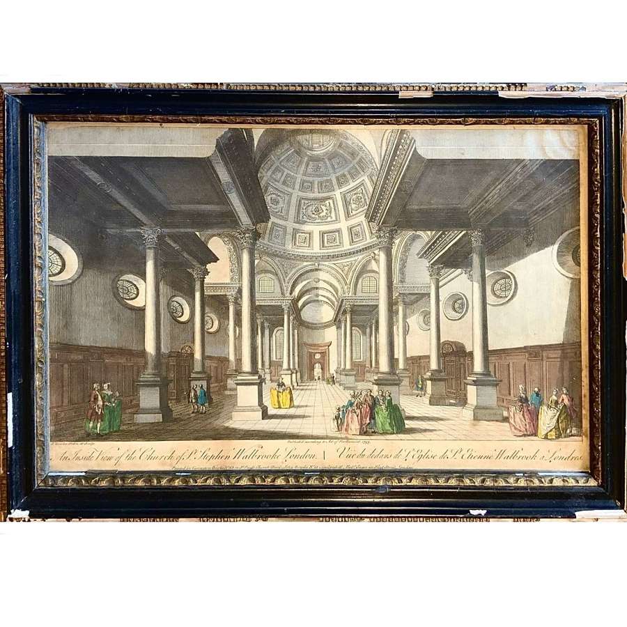 18thC Perspective View Print of Church of St. Stephen Walbrooke London