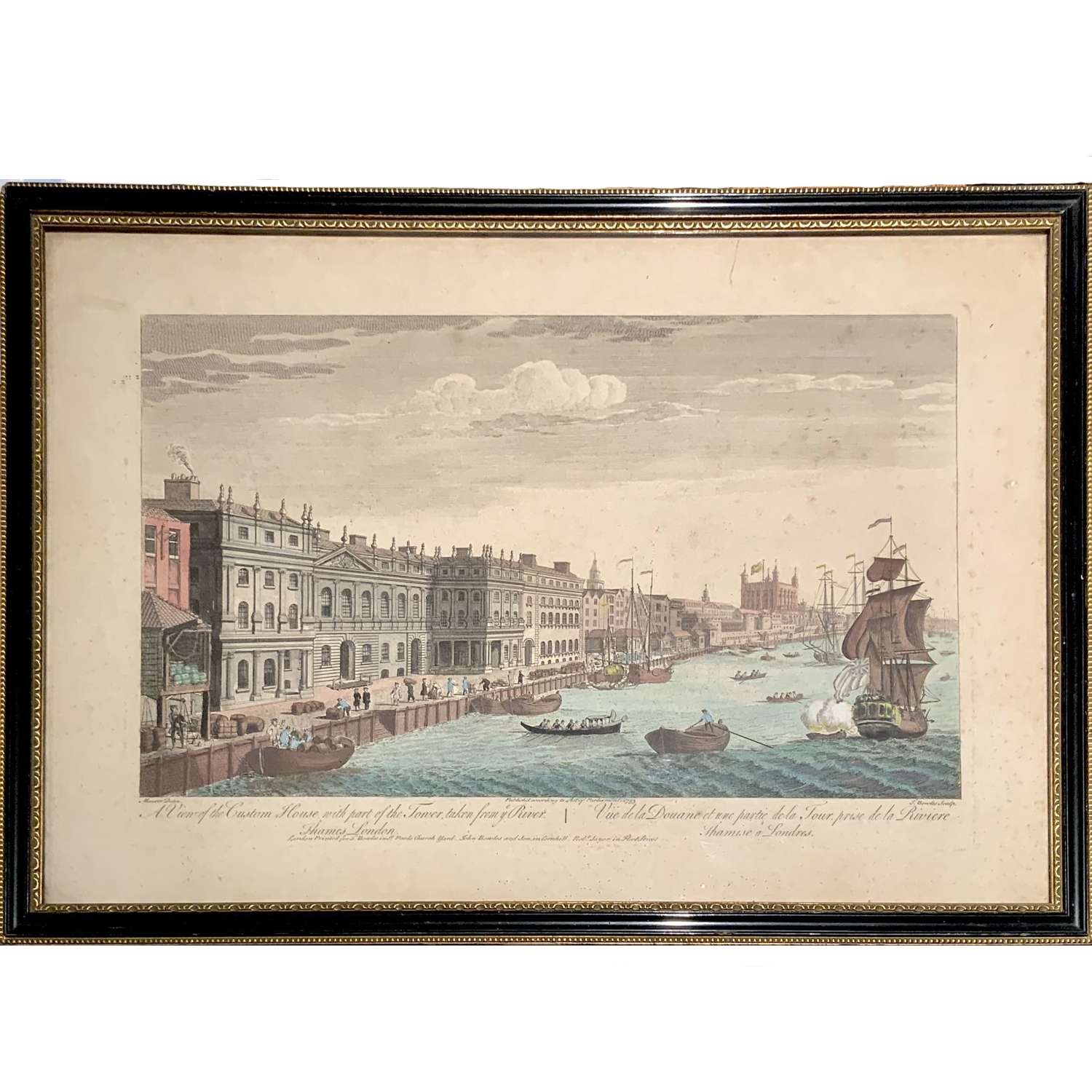 18thC Perspective Print View Custom House, Thames & Tower of London