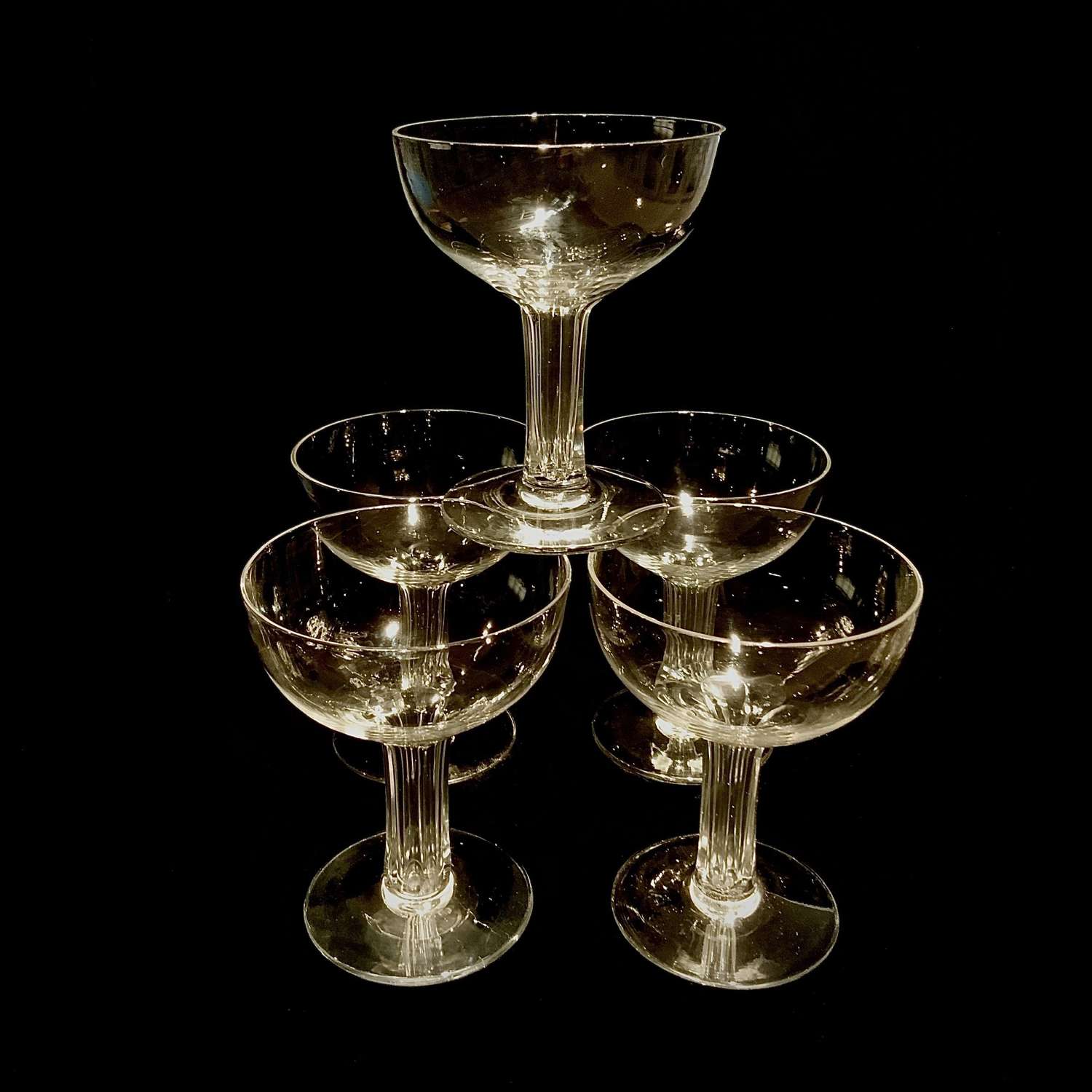 A Set of Five (5) Hollow Stem Crystal Champagne Coupes or Boats