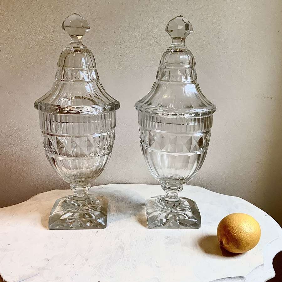 A Large Pair Cut-Glass Urn-Shaped Sweetmeat or Bon Bon Jars & Covers