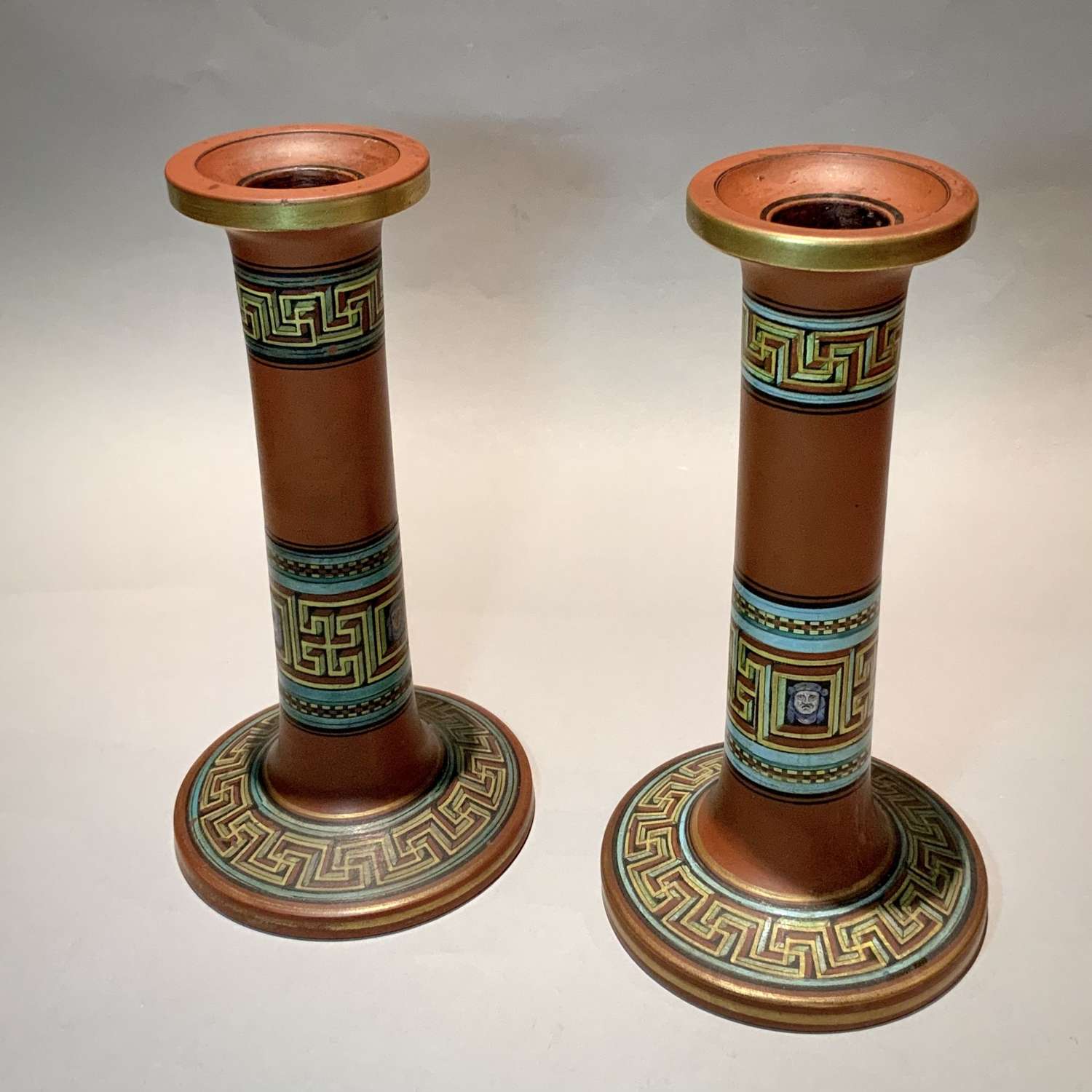 Pair of F&R Pratt & Co Ltd Terracotta Greek Pattern Candlesticks
