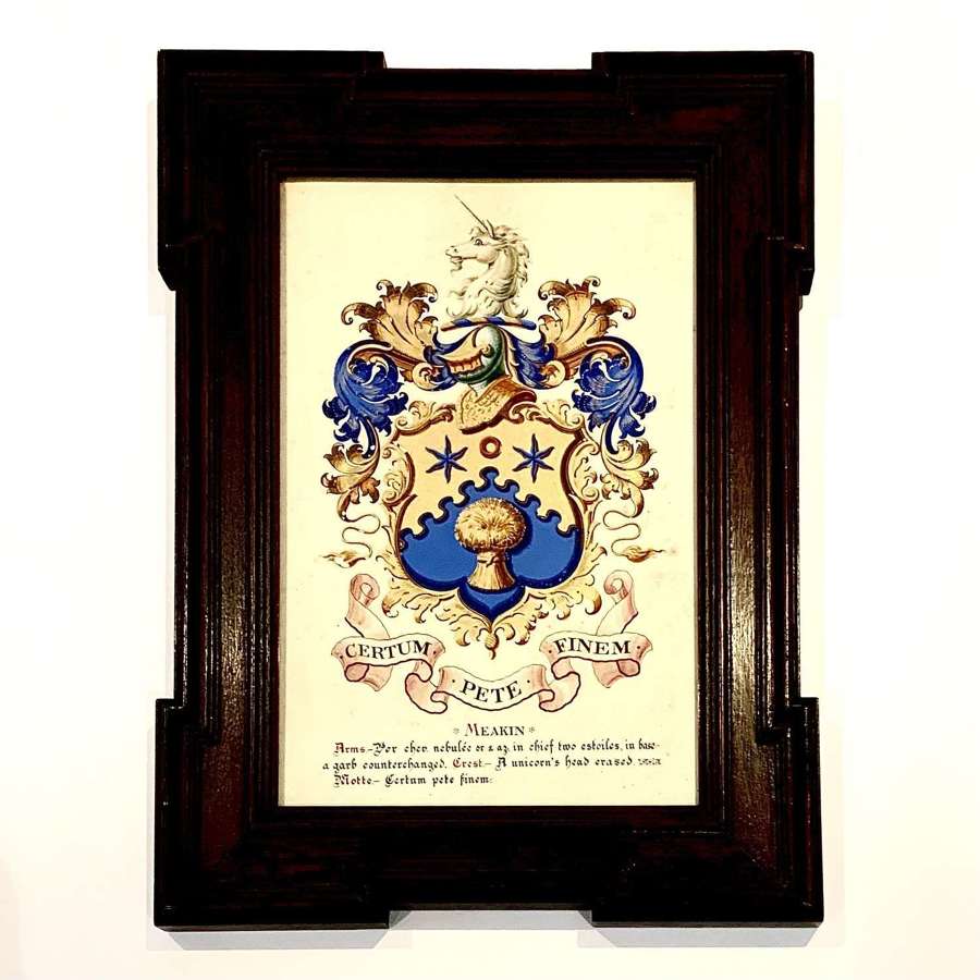 Victorian Framed Heraldic Painting Meakin Family Armorial Coat-Of-Arms