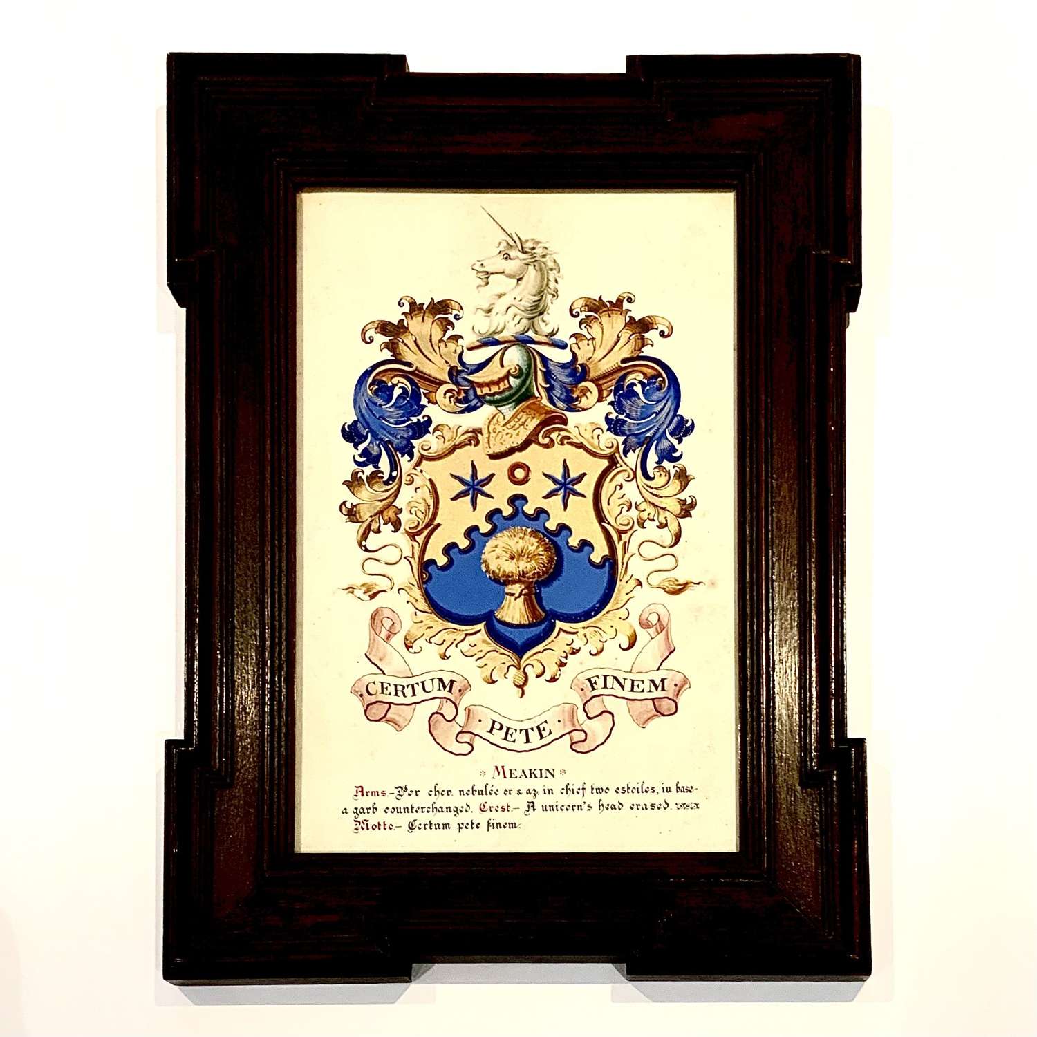 Victorian Framed Heraldic Painting Meakin Family Armorial Coat-Of-Arms