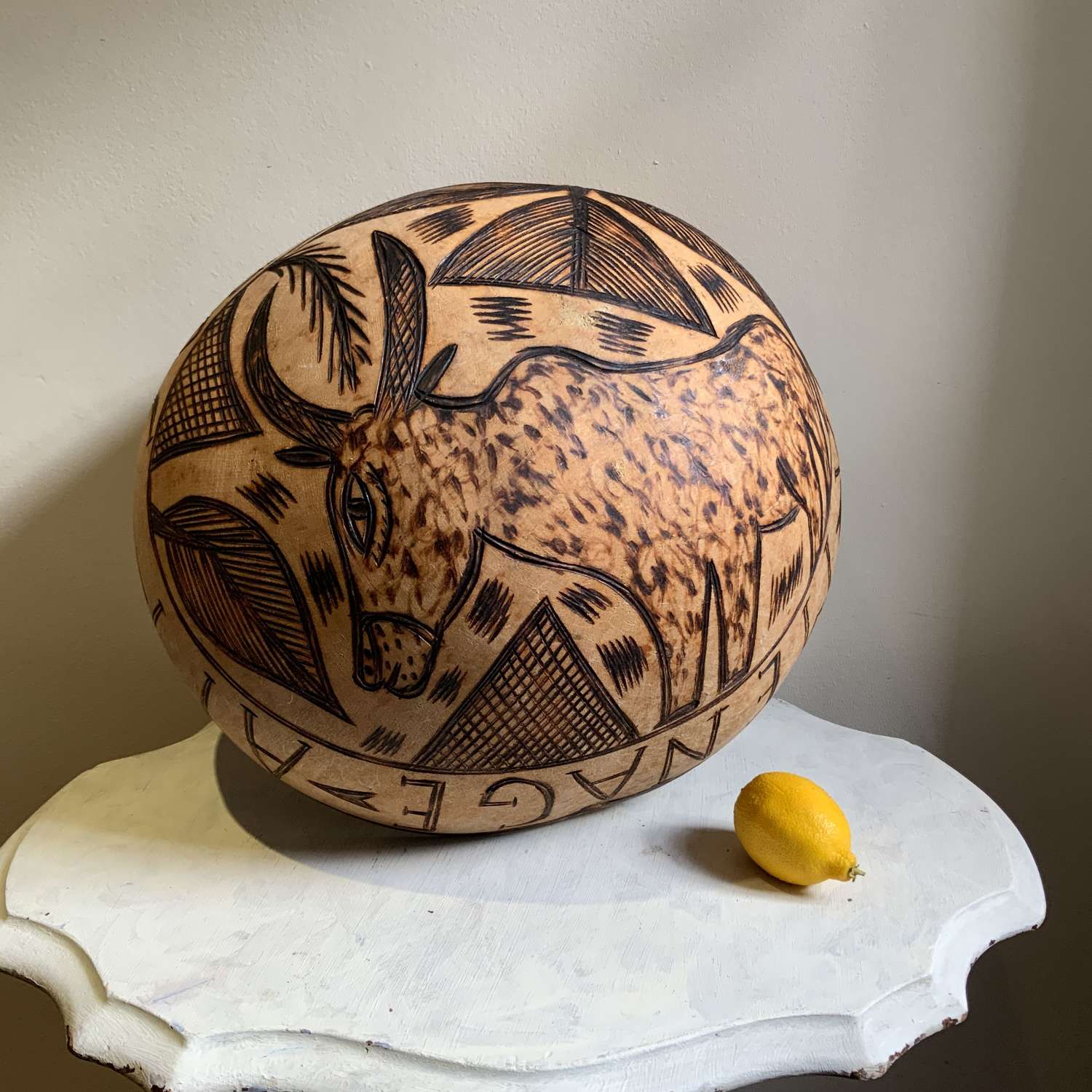 Giant Calabash Gourd Bowl With Roan Antelope Pyrography Decoration