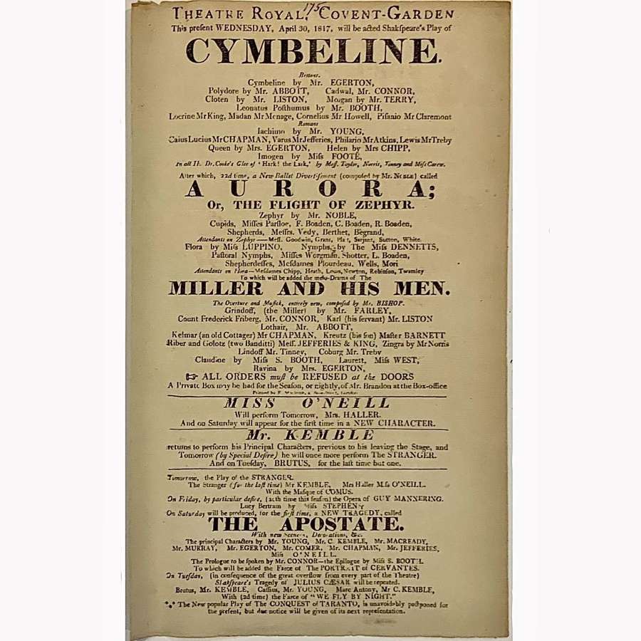 Regency Playbill for Shakespeare’s “Cymbeline” & "Aurora" etc
