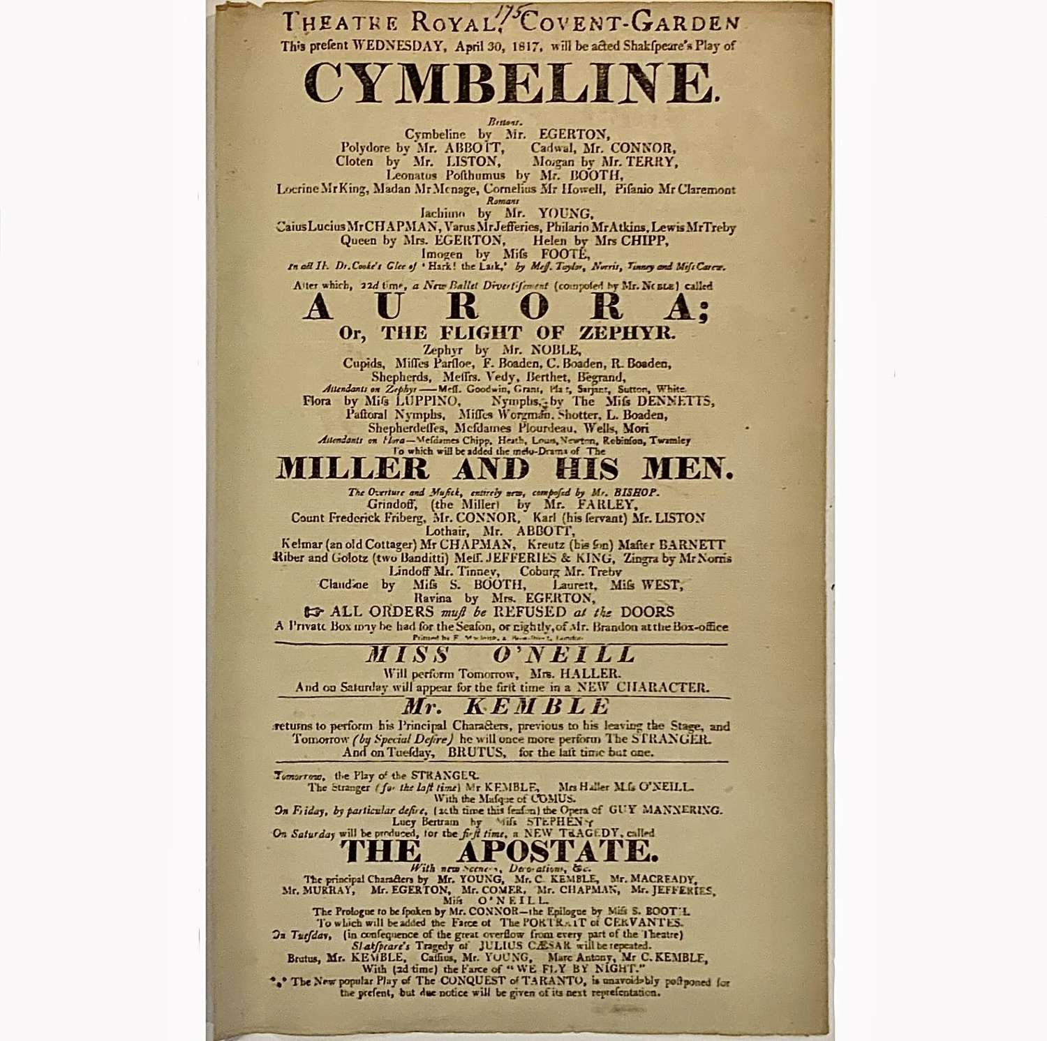 Regency Playbill for Shakespeare’s “Cymbeline” & 