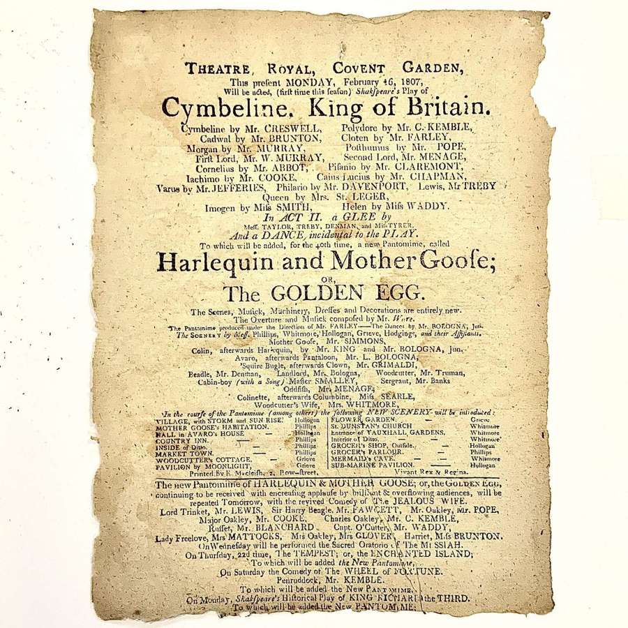 George III Playbill for Shakespeare’s “Cymbeline” & "Harlequin" etc