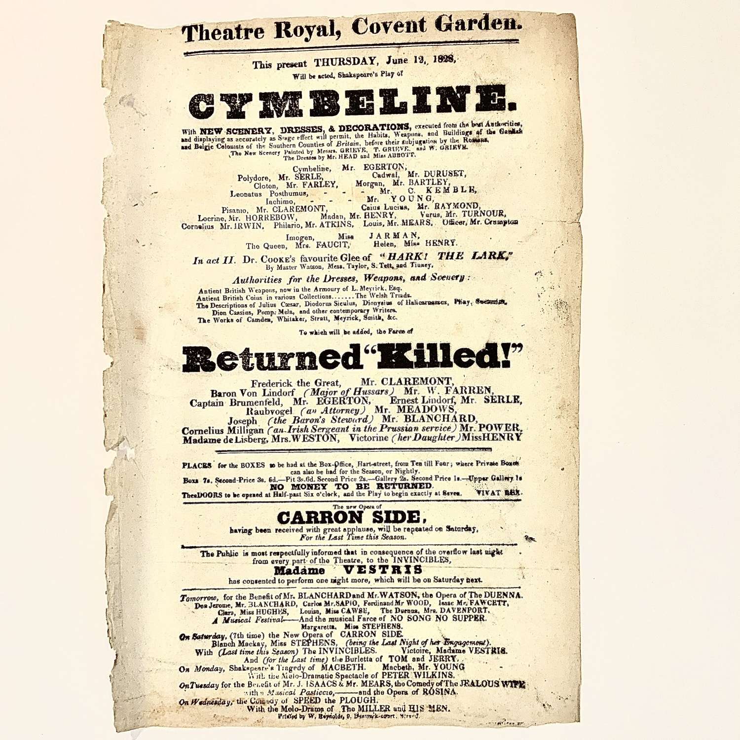 George IV Playbill Shakespeare “Cymbeline” & 