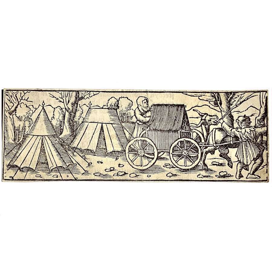 16th Century Woodcut of A Tented Camp & Ox Cart, circa 1553