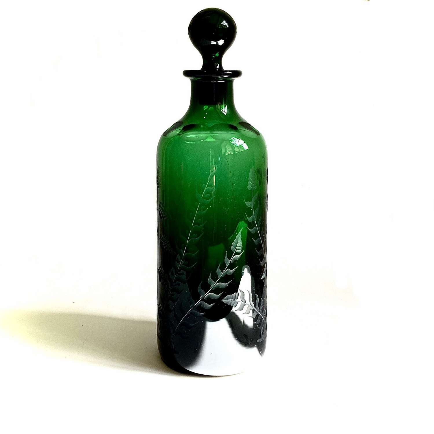 19th Century Victorian Green Glass Decanter Engraved Fern Decoration