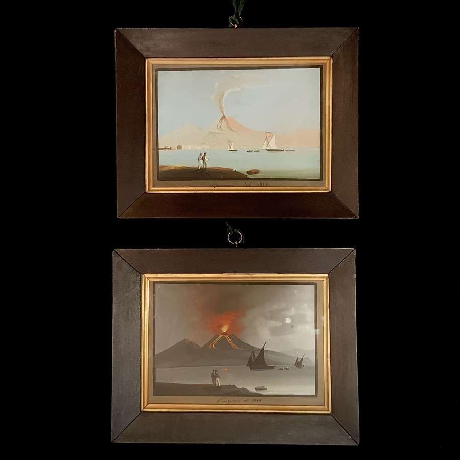 Pair Neapolitan School &ldquo;Day&rdquo; & &ldquo;Night&rdquo; Scenes of Vesuvius Eruption