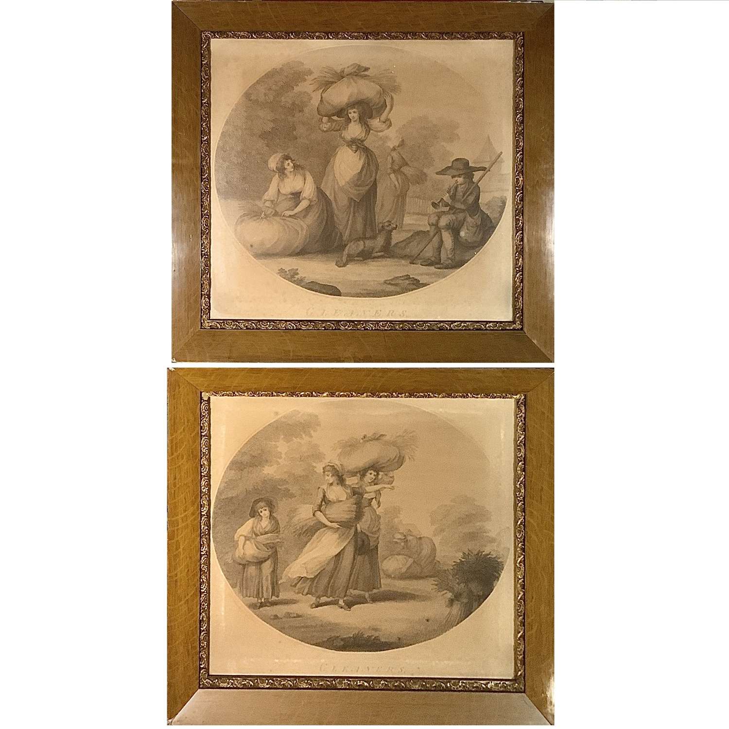 Pair Framed George III Rustic Stipple Engravings “The Gleaners” 1787