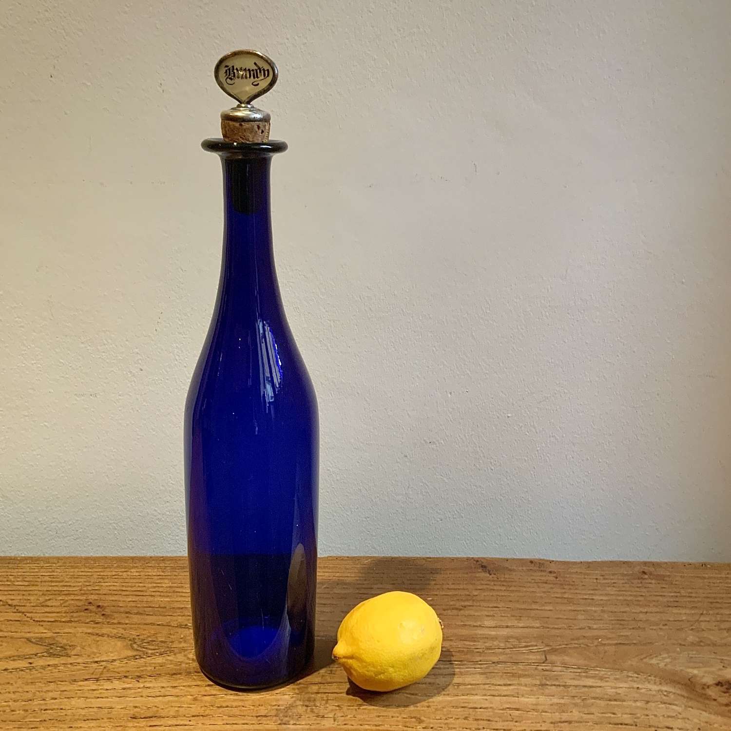 Tall Bottle Shaped Bristol Blue Glass Decanter & Silver Plate Stopper