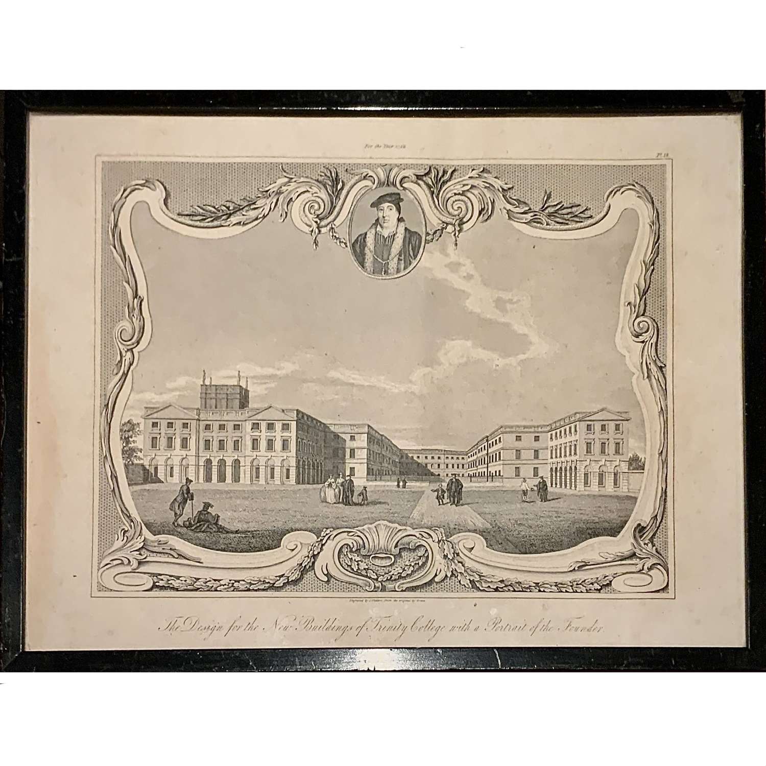 An Antique Engraving of Trinity College Oxford and its Founder