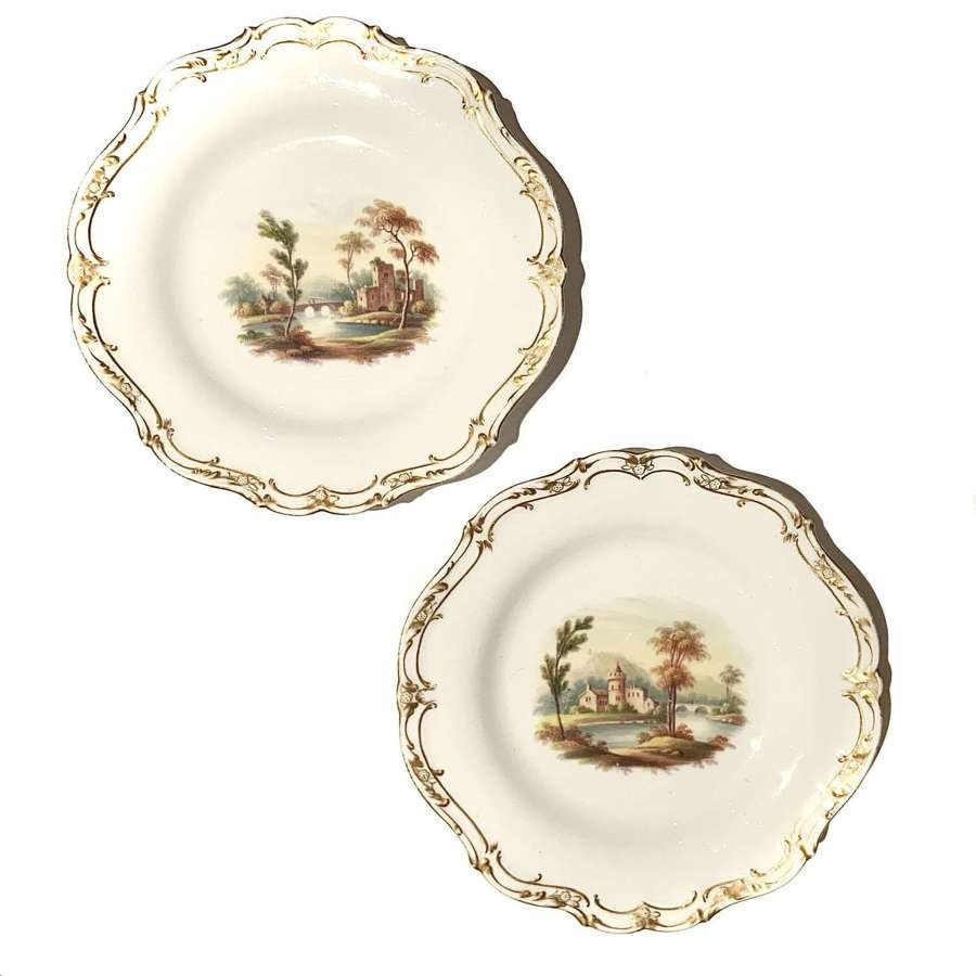 Pair 19th Century English Porcelain Enamelled Landscape Dessert Plates