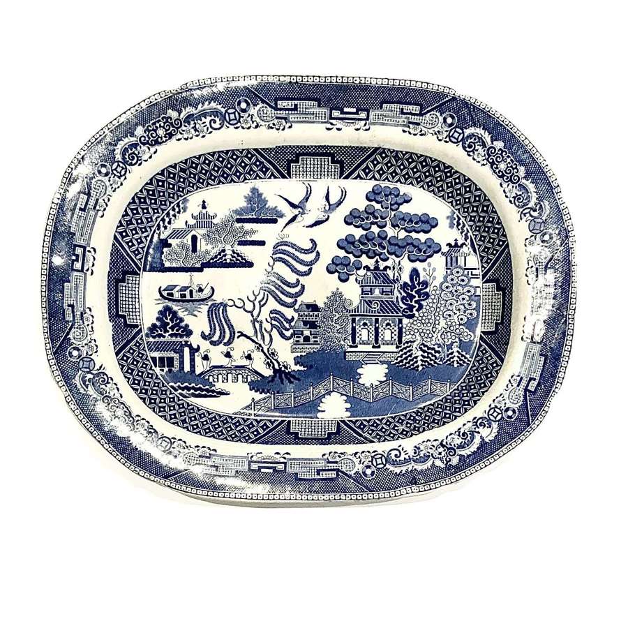 Large Antique 19th Century Blue & White Willow Pattern Platter