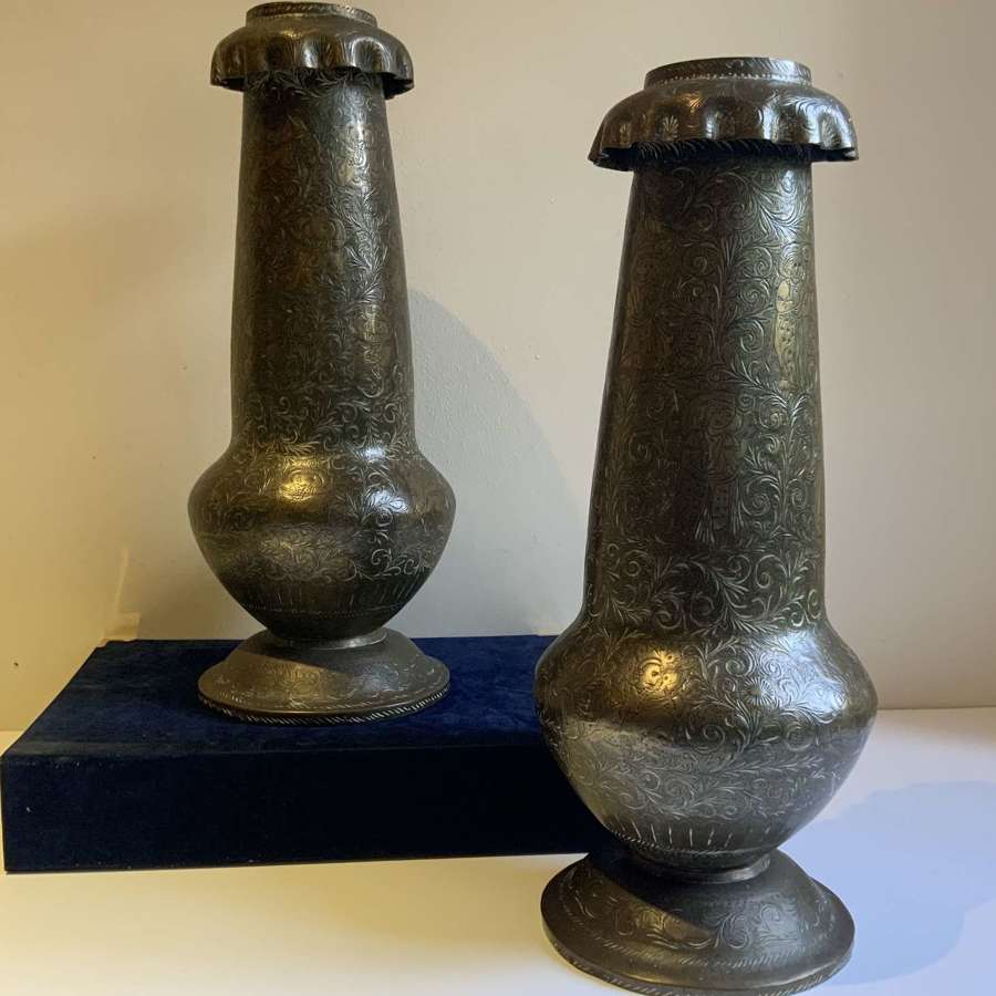 An Unusual Pair of Indo Persian Chased Brass Vases